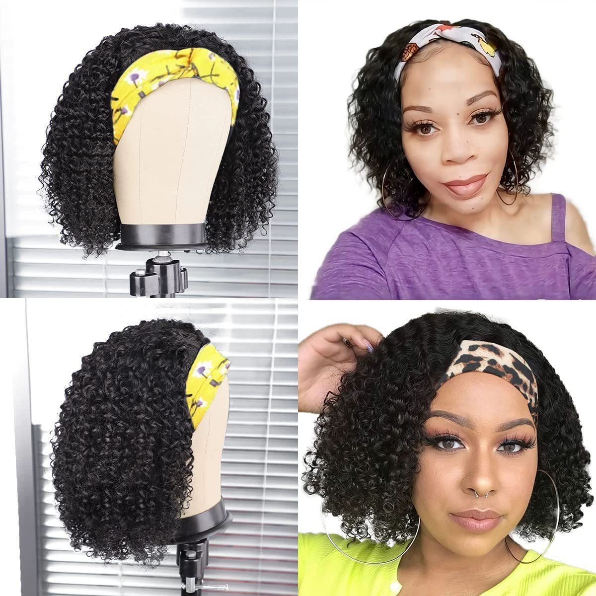 Human Hair Headband Wigs for Black Women - Curly, Glueless, Easy Wear - 10 Inch, Medium Cap Size (21.5 Inch)