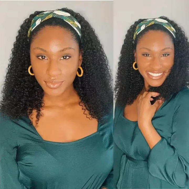 Human Hair Headband Wigs for Black Women - Curly, Glueless, Easy Wear - 10 Inch, Medium Cap Size (21.5 Inch)