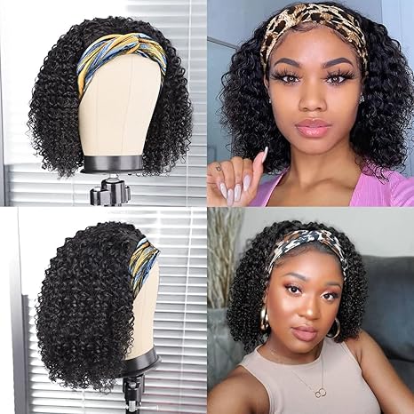 Human Hair Headband Wigs for Black Women - Curly, Glueless, Easy Wear - 10 Inch, Medium Cap Size (21.5 Inch)
