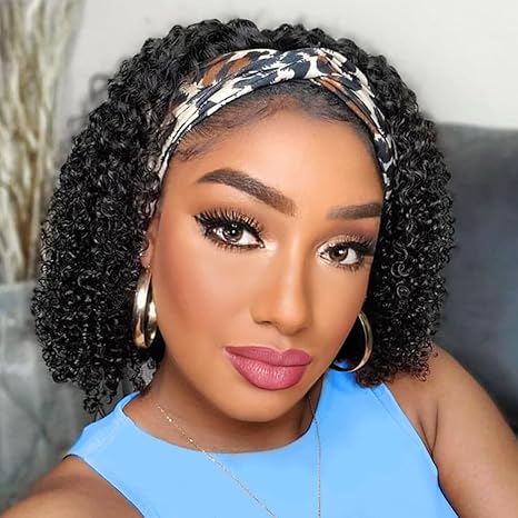Human Hair Headband Wigs for Black Women - Curly, Glueless, Easy Wear - 10 Inch, Medium Cap Size (21.5 Inch)
