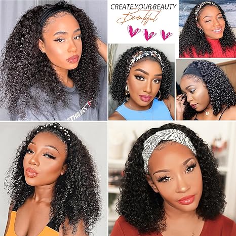 Human Hair Headband Wigs for Black Women - Curly, Glueless, Easy Wear - 10 Inch, Medium Cap Size (21.5 Inch)