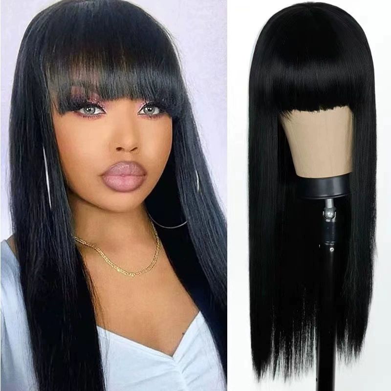 Straight Hair Wigs for Black Women Natural Wig None Lace Front Natural Color Women Wig Pre Made Wigs with Fringe 26Inch Density 150% Machine Made Can be Dyed