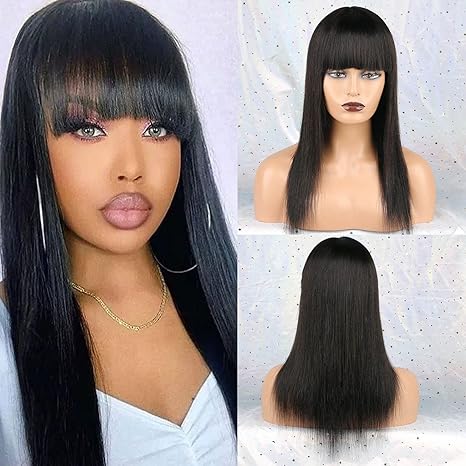 Straight Hair Wigs for Black Women Natural Wig None Lace Front Natural Color Women Wig Pre Made Wigs with Fringe 26Inch Density 150% Machine Made Can be Dyed