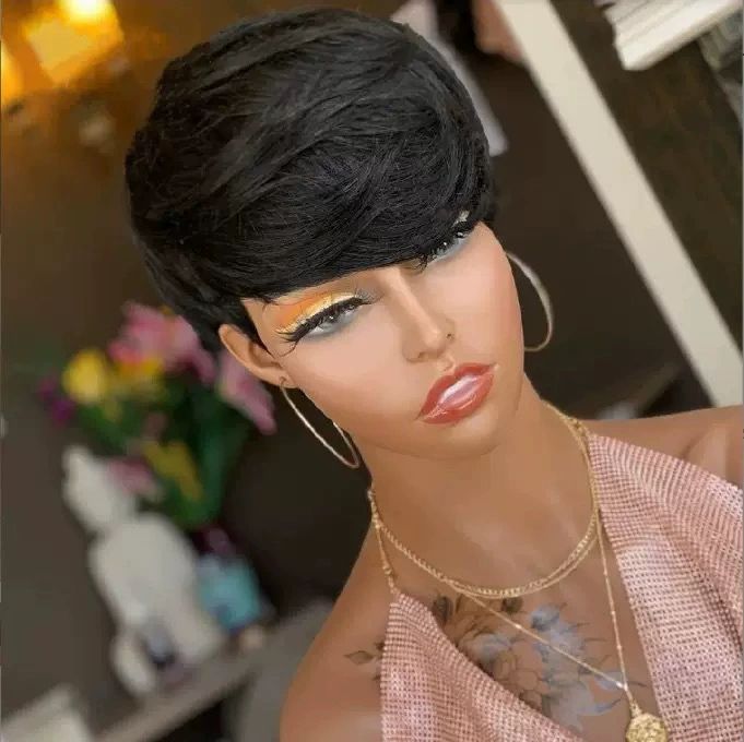 Cut Wigs for Black Women Short Hair Wigs with Bangs Short Layered Pixie Wig Full Machine Made Wig Natural Black Color (Natural Black )， Natural Black Color 12-20 Inch
