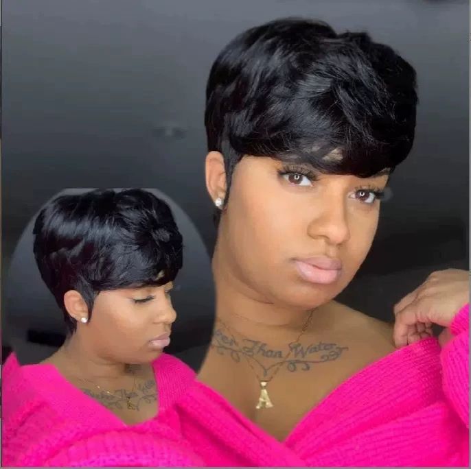 Cut Wigs for Black Women Short Hair Wigs with Bangs Short Layered Pixie Wig Full Machine Made Wig Natural Black Color (Natural Black )， Natural Black Color 12-20 Inch