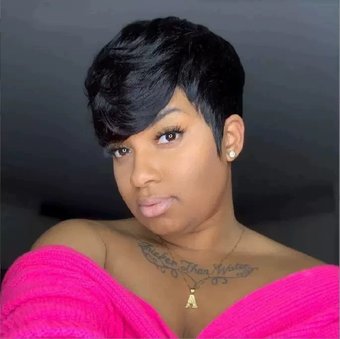 Cut Wigs for Black Women Short Hair Wigs with Bangs Short Layered Pixie Wig Full Machine Made Wig Natural Black Color (Natural Black )， Natural Black Color 12-20 Inch