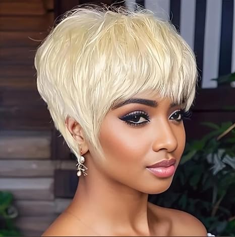 Cut Wigs for Black Women Short Hair Wigs with Bangs Short Layered Pixie Wig Full Machine Made Wig Natural Black Color (Natural Black )， Natural Black Color 12-20 Inch