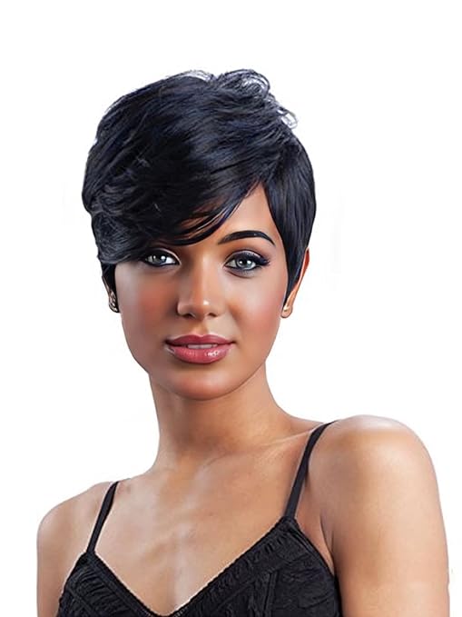 Cut Wigs for Black Women Short Hair Wigs with Bangs Short Layered Pixie Wig Full Machine Made Wig Natural Black Color (Natural Black )， Natural Black Color 12-20 Inch