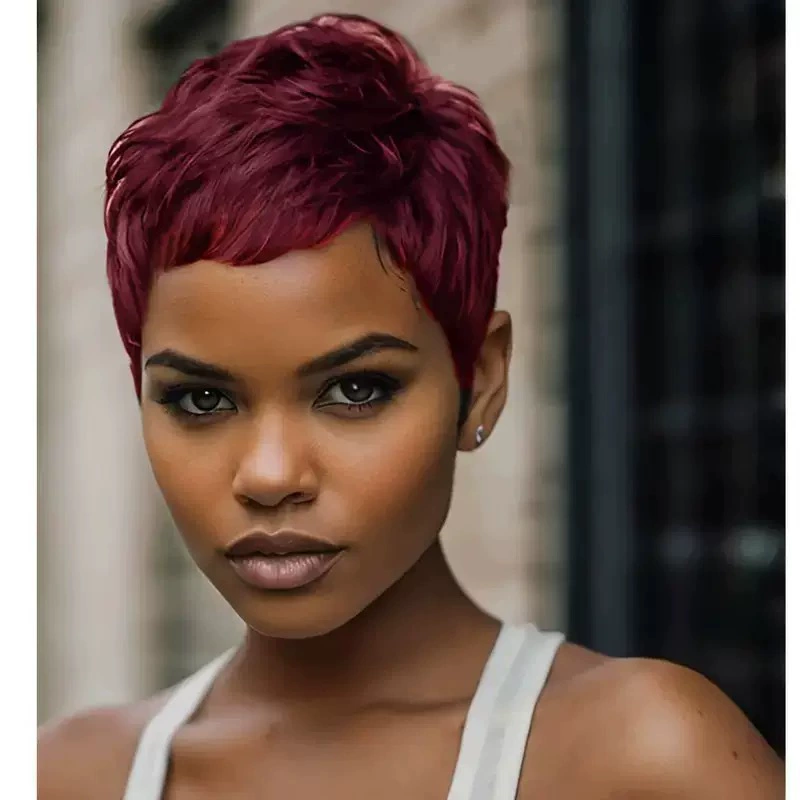 Short Burgundy Pixie Cut Wigs for Black Women Pixie Cut Wigs Burgundy Color Short 99j Wine Red Color for Black Women (Wine Red，Black)