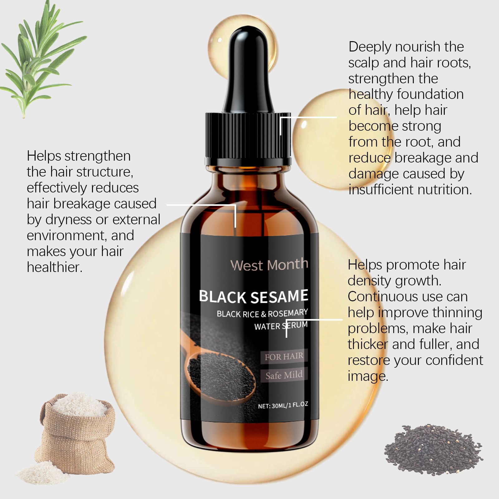 Black Sesame Hair Growth Serum, Black Rice Rosemary Hair Care, volumize and moisturize hair