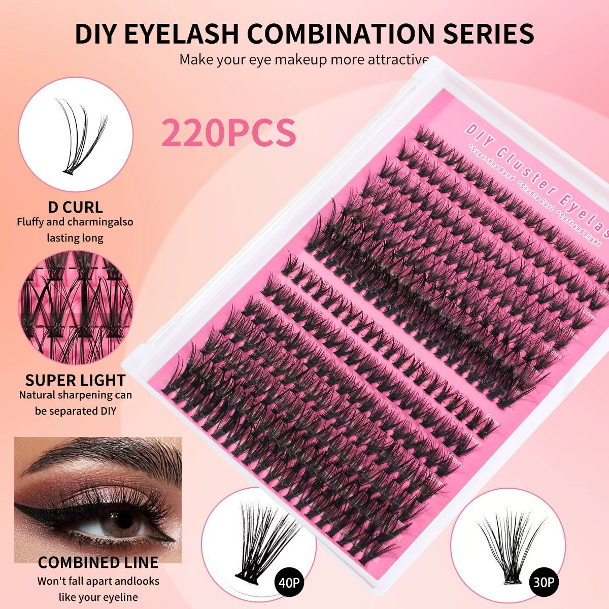 DIY Lash Clusters Individual Eyeslash Extensions Volume Lash Clusters Thick Band Wispy Natural Eyelash Extension Large Tray (40D-0.07-D, 8-16mm)
