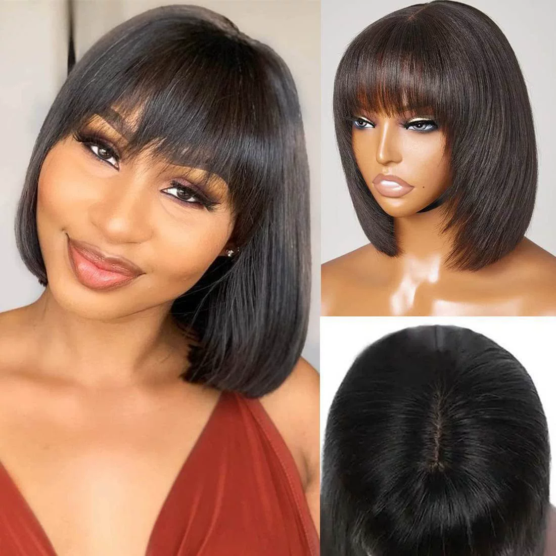 10 Inch Silky Straight Bob Wig with Bangs Women  Hair Realistic HD Lace Short Black Bob Wigs, Ready to Go Blunt Cut Bob Wig Glueless 180 Density