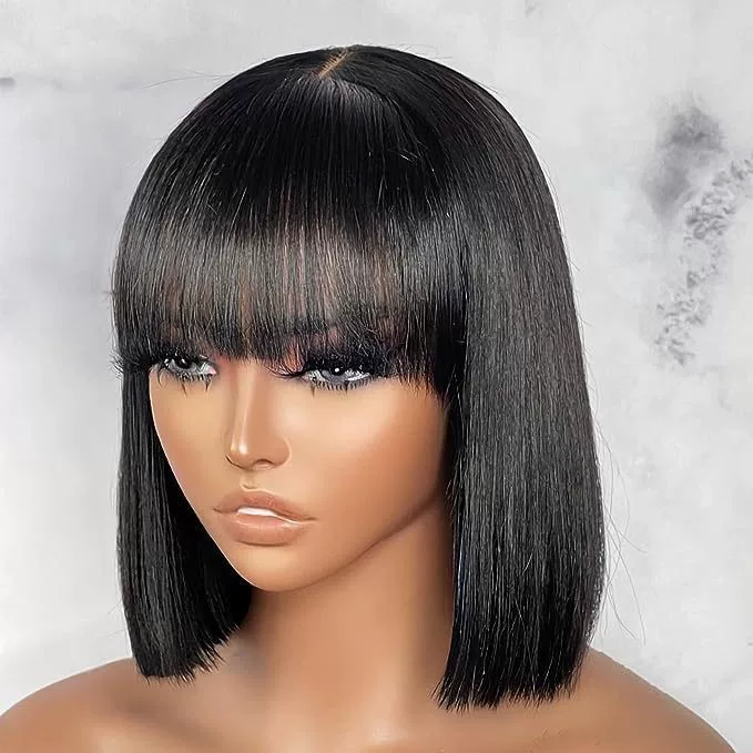 10 Inch Silky Straight Bob Wig with Bangs Women  Hair Realistic HD Lace Short Black Bob Wigs, Ready to Go Blunt Cut Bob Wig Glueless 180 Density
