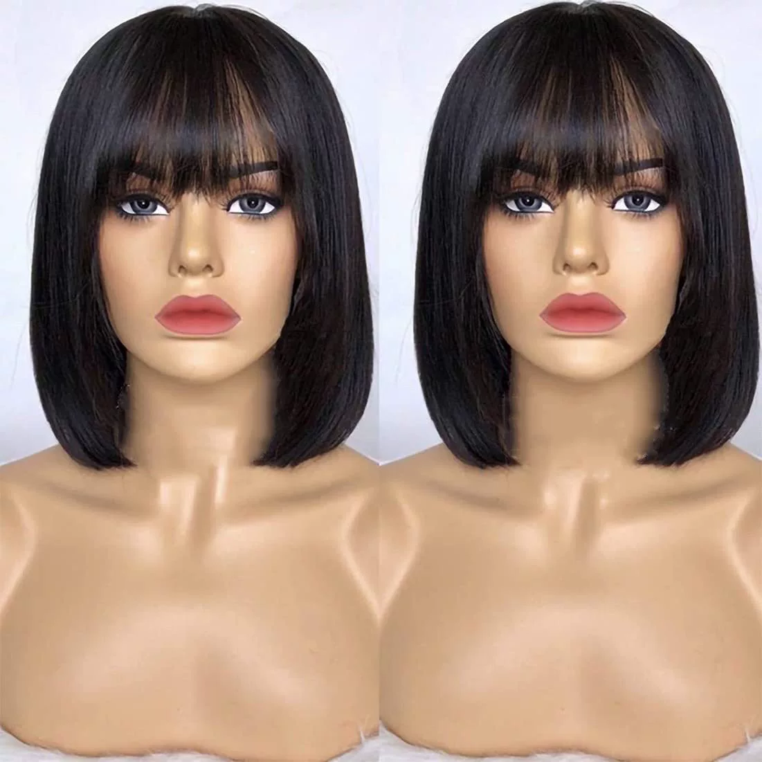 10 Inch Silky Straight Bob Wig with Bangs Women  Hair Realistic HD Lace Short Black Bob Wigs, Ready to Go Blunt Cut Bob Wig Glueless 180 Density