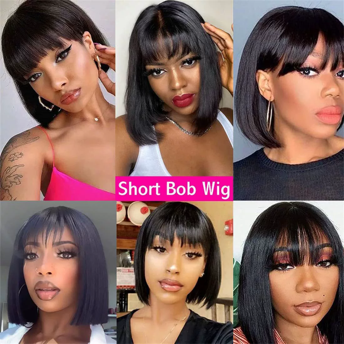 10 Inch Silky Straight Bob Wig with Bangs Women  Hair Realistic HD Lace Short Black Bob Wigs, Ready to Go Blunt Cut Bob Wig Glueless 180 Density
