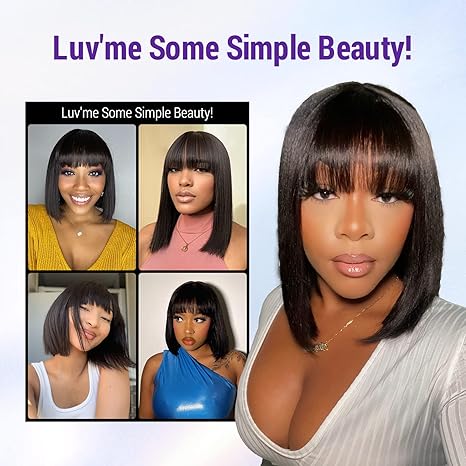 10 Inch Silky Straight Bob Wig with Bangs Women  Hair Realistic HD Lace Short Black Bob Wigs, Ready to Go Blunt Cut Bob Wig Glueless 180 Density