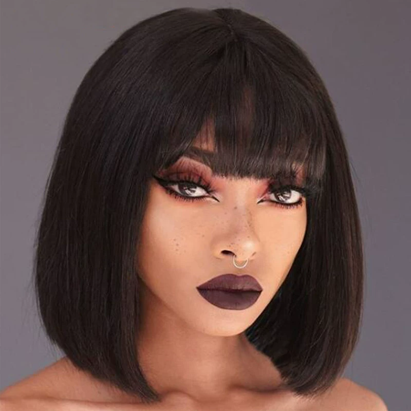 Black Short Bob Wig,Straight Black Bob Wig with bangs, 12 inch Straight Bob Bangs Wig for Women Natural Looking for Daily Use