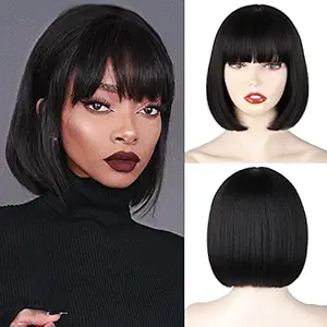 Black Short Bob Wig,Straight Black Bob Wig with bangs, 12 inch Straight Bob Bangs Wig for Women Natural Looking for Daily Use