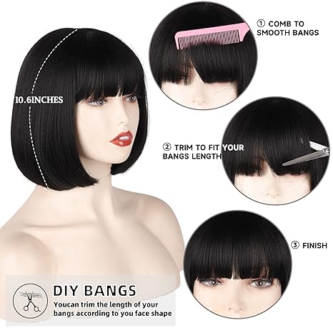 Black Short Bob Wig,Straight Black Bob Wig with bangs, 12 inch Straight Bob Bangs Wig for Women Natural Looking for Daily Use
