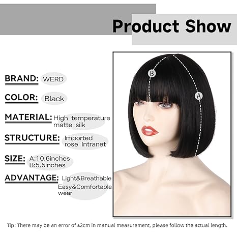 Black Short Bob Wig,Straight Black Bob Wig with bangs, 12 inch Straight Bob Bangs Wig for Women Natural Looking for Daily Use