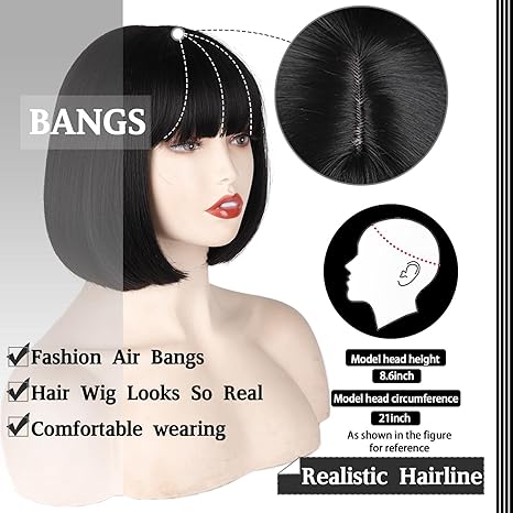 Black Short Bob Wig,Straight Black Bob Wig with bangs, 12 inch Straight Bob Bangs Wig for Women Natural Looking for Daily Use