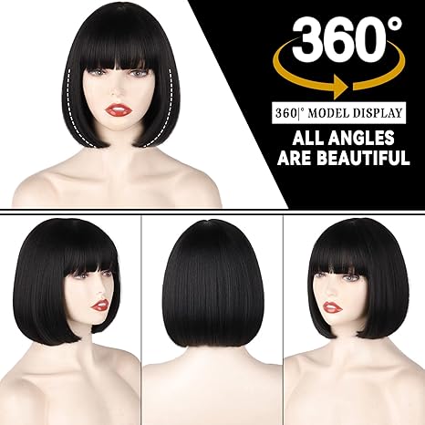 Black Short Bob Wig,Straight Black Bob Wig with bangs, 12 inch Straight Bob Bangs Wig for Women Natural Looking for Daily Use