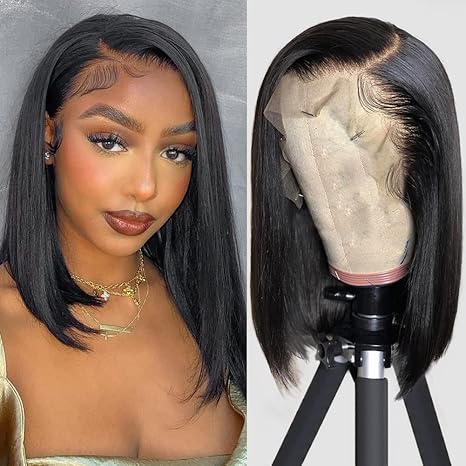 12 inch Straight Bob Wig Hair 13x4 HD Frontal Lace Wig Short Bob Wigs for Women Glueless Bob Lace Front Wigs  Hair 150% Density Natural Black Color