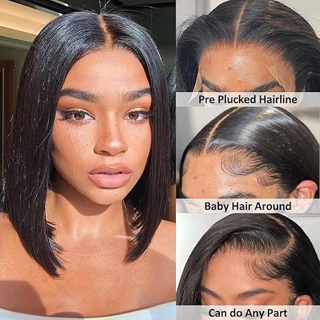 12 inch Straight Bob Wig Hair 13x4 HD Frontal Lace Wig Short Bob Wigs for Women Glueless Bob Lace Front Wigs  Hair 150% Density Natural Black Color