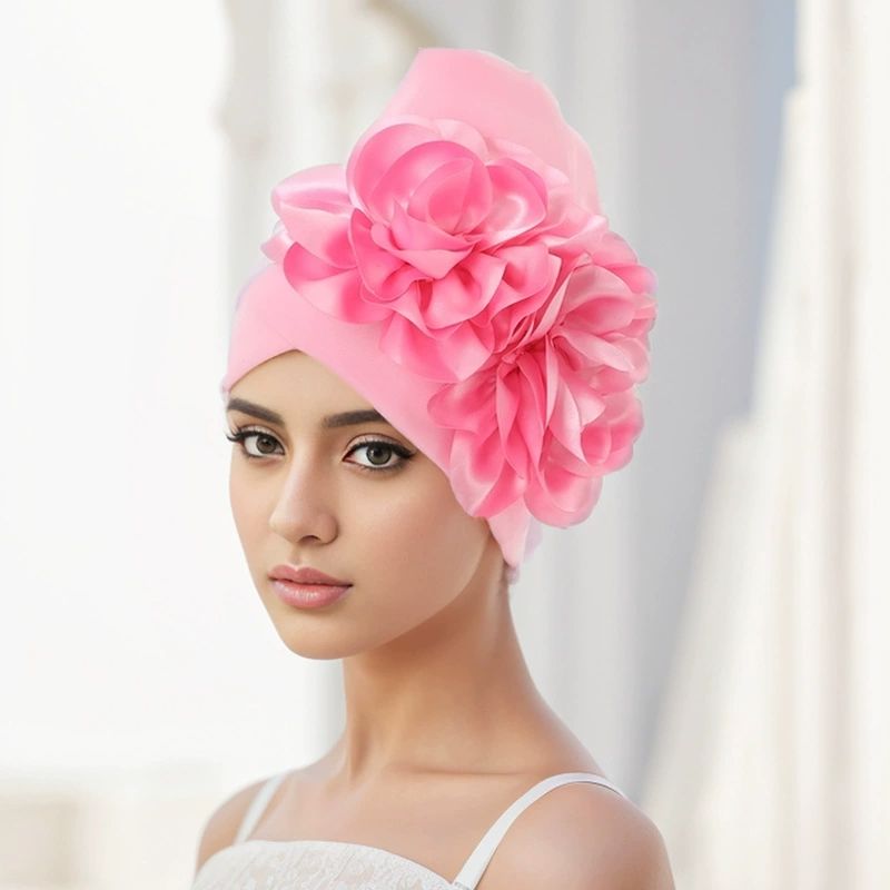 Exaggerated Satin Flower Hijab Hat Women Turban Cap African Auto Gele Headtie Muslim Head Wraps
