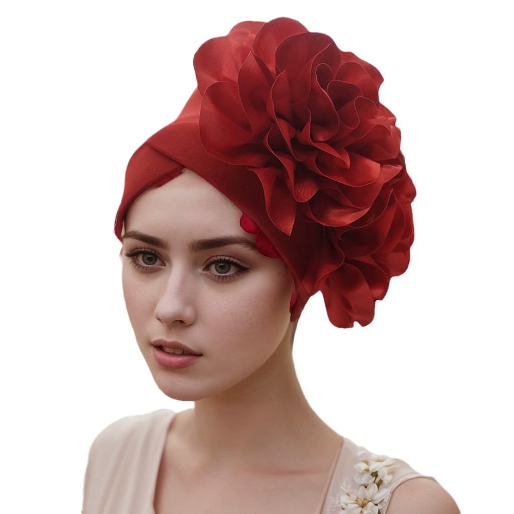 Exaggerated Satin Flower Hijab Hat Women Turban Cap African Auto Gele Headtie Muslim Head Wraps