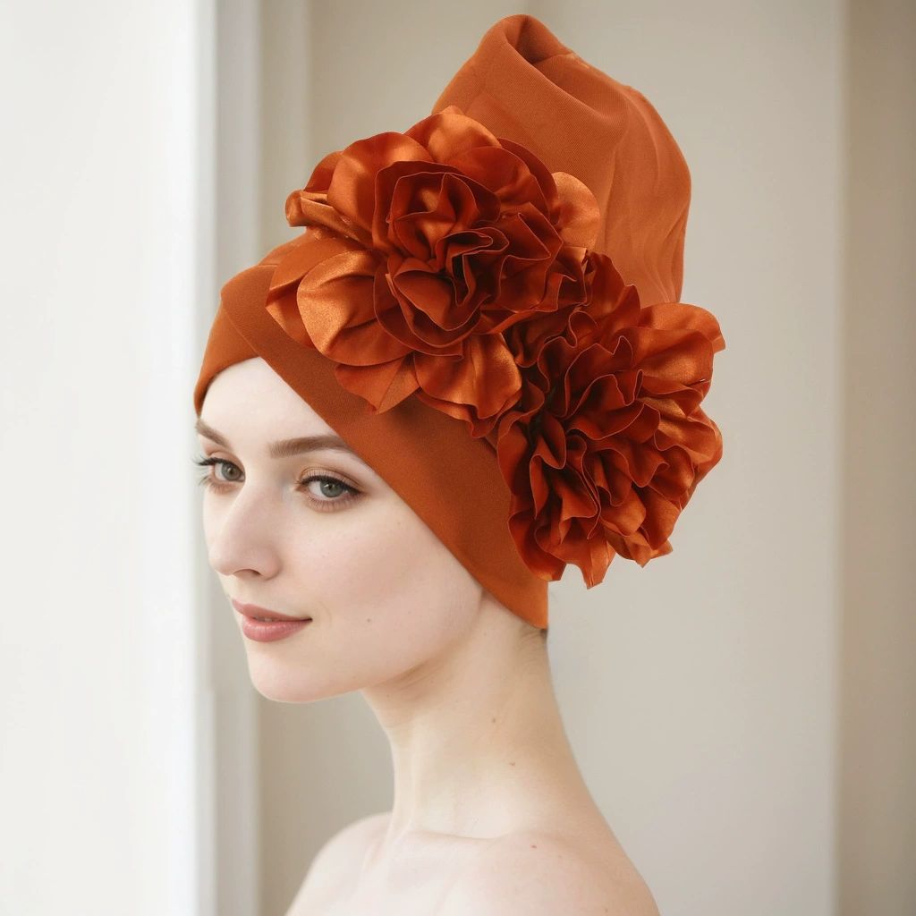 Exaggerated Satin Flower Hijab Hat Women Turban Cap African Auto Gele Headtie Muslim Head Wraps