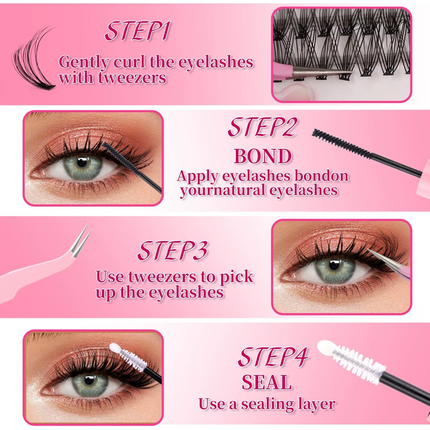 Lash Extension Kit Lash Clusters Kit 640Pcs Volume Eyelash Clusters C Curl Lashes Clusters DIY Cluster Eyelash Extensions With Lash Bond and Seal Lash Tweezers