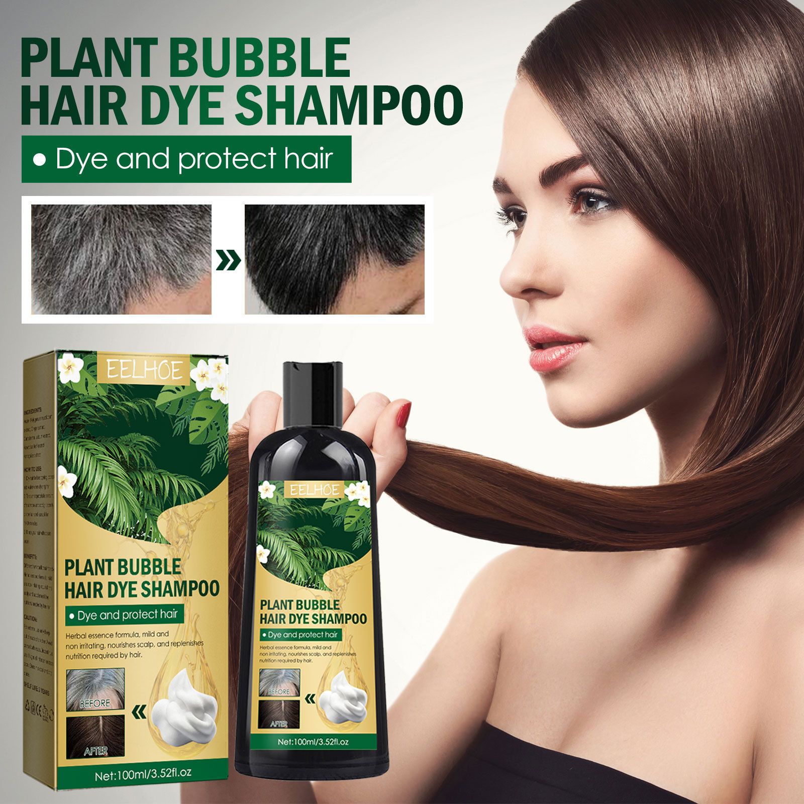 Black Dye,  Pure Plant Extract For Grey Hair Color Bubble Dye, Plant Bubble Hair Dye Shampoo (Black)