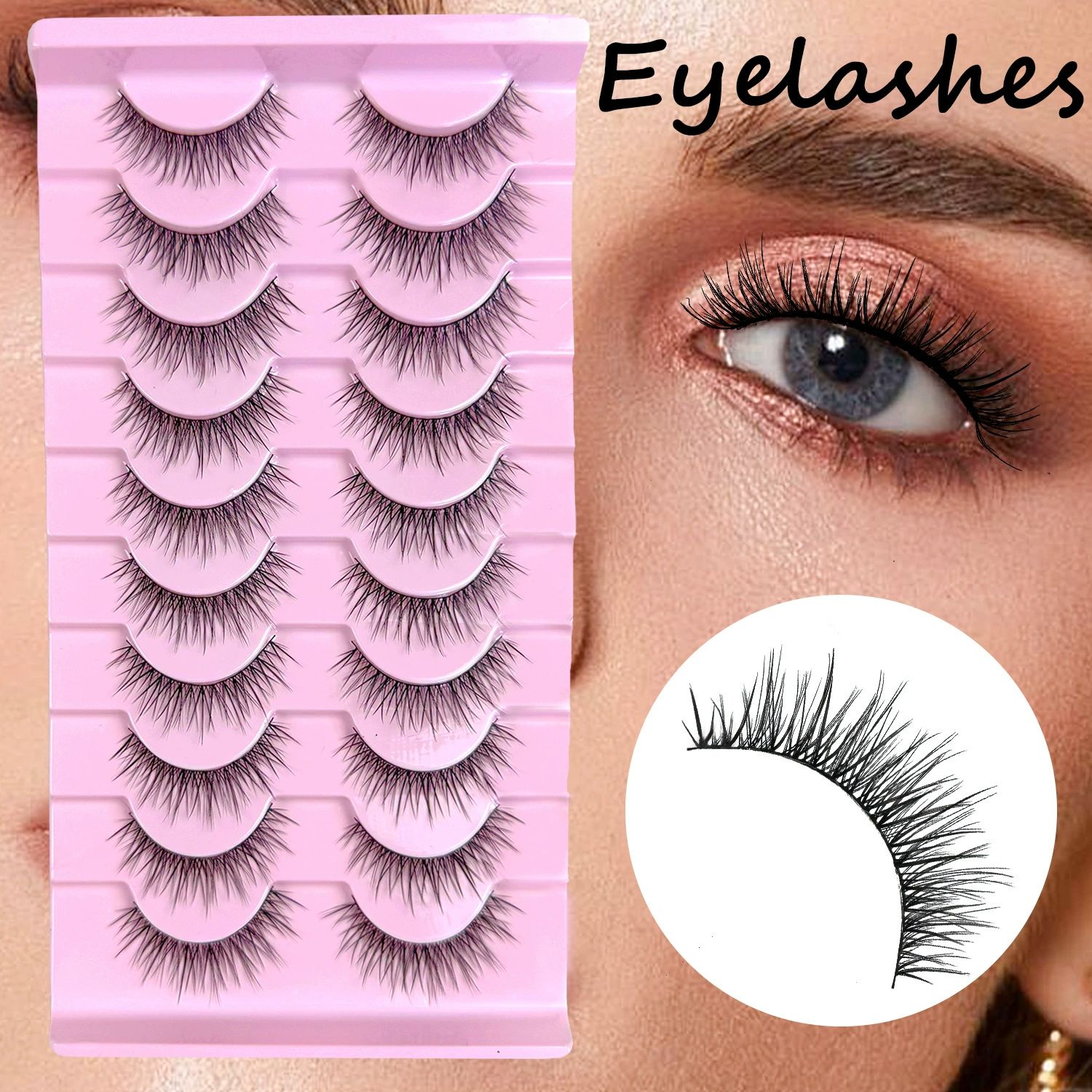 False Eyelashes Natural Look Eye Lashes Short Wispy False Eyelashes 10mm 3D Brown Fake Lashes Pack 10 Pairs Strip Volume