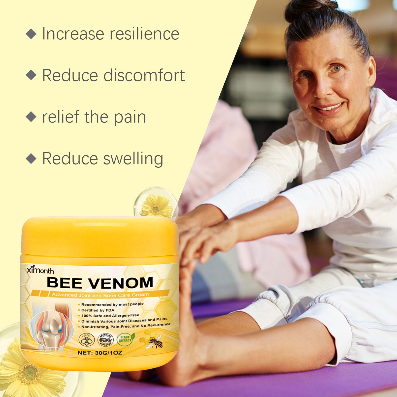 2PCS New Bee Venom Professional Joint Cream, for Neck, Waist, Back, Hands, Feet and Legs Advanced Bee Propolis Joint Cream, yellow