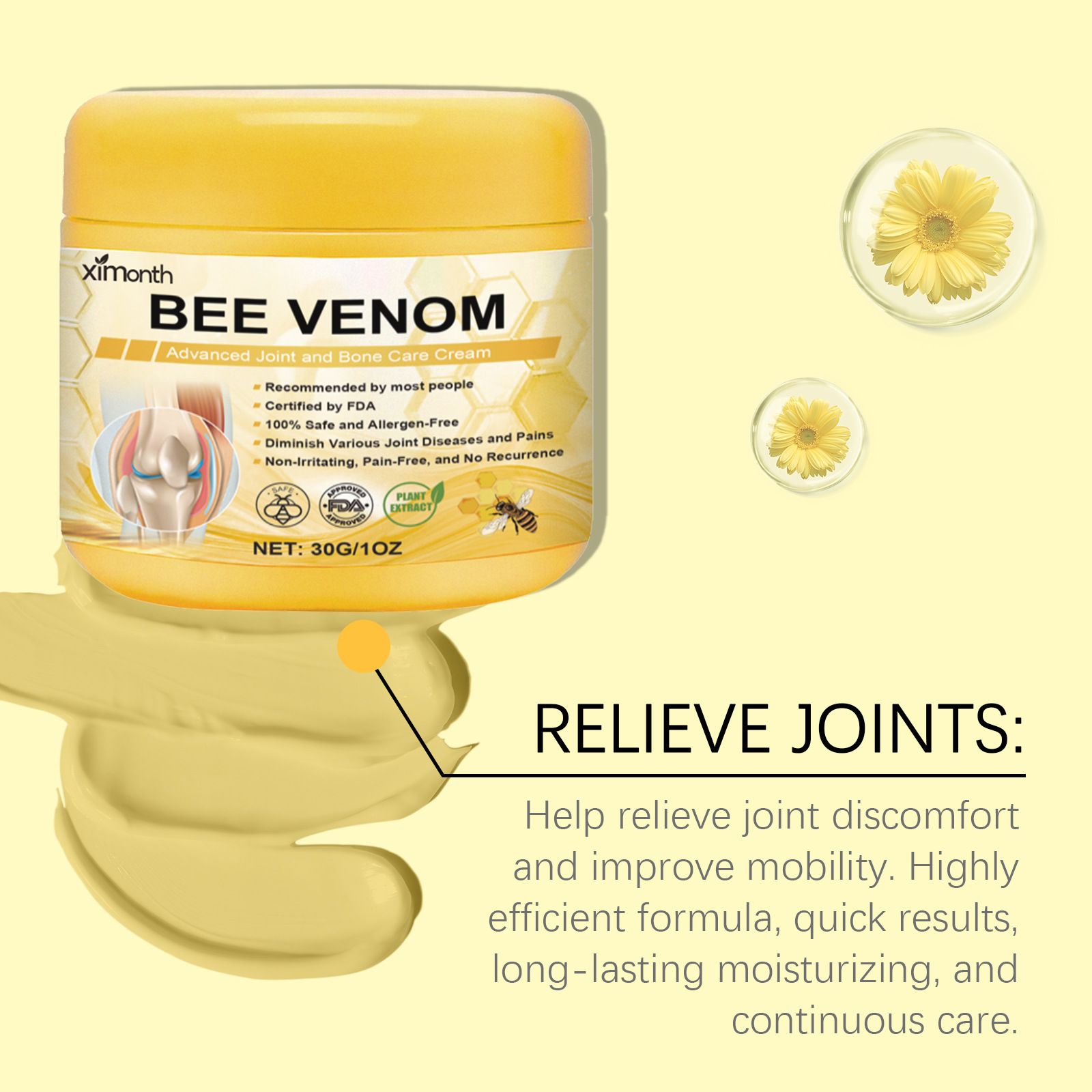2PCS New Bee Venom Professional Joint Cream, for Neck, Waist, Back, Hands, Feet and Legs Advanced Bee Propolis Joint Cream, yellow