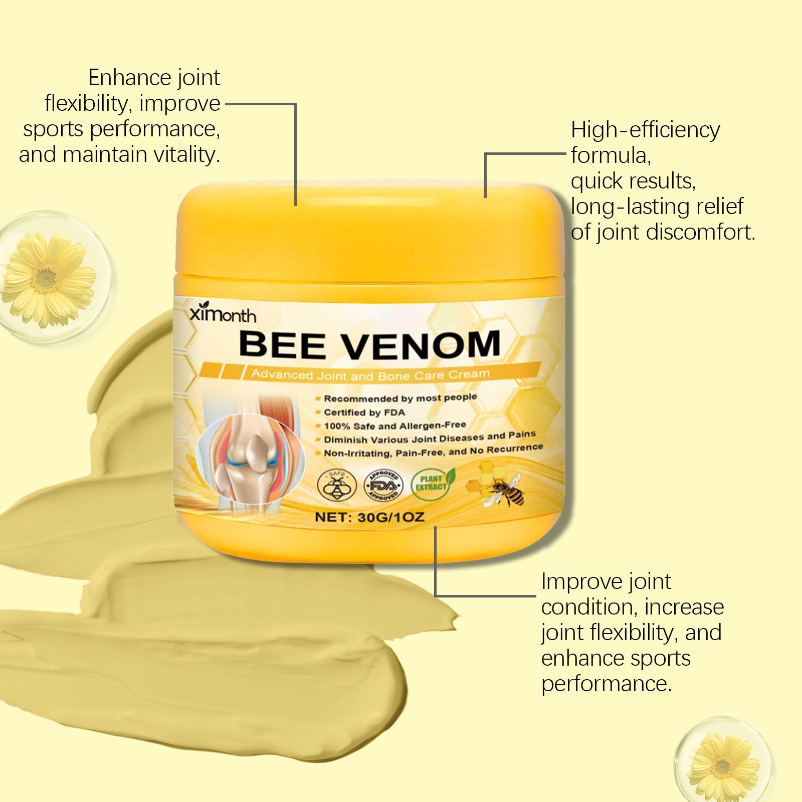 2PCS New Bee Venom Professional Joint Cream, for Neck, Waist, Back, Hands, Feet and Legs Advanced Bee Propolis Joint Cream, yellow