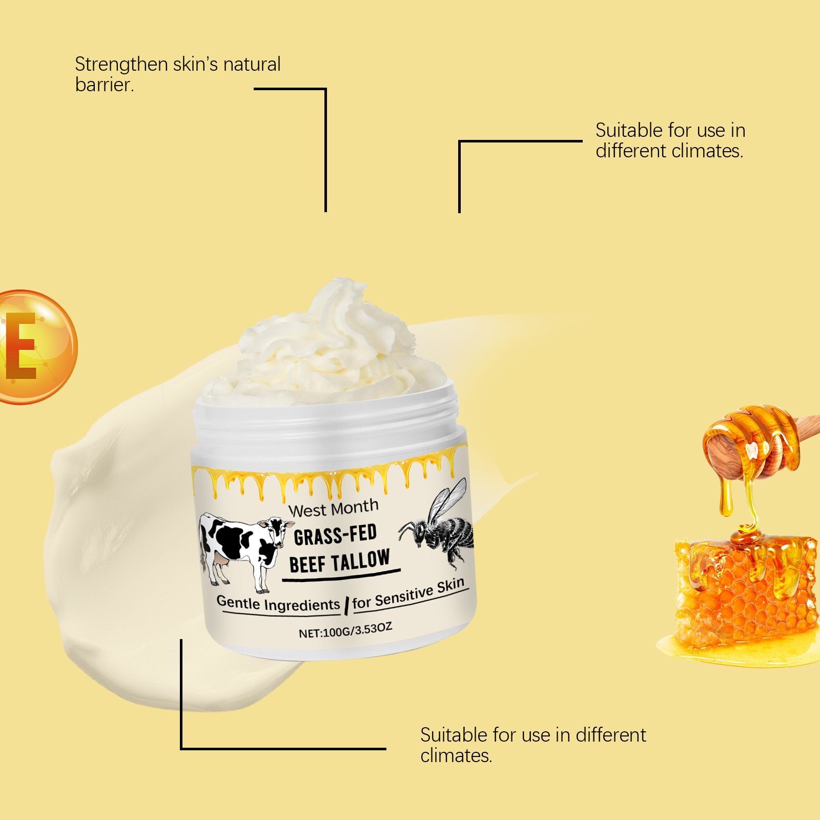 Whipped Beef Tallow for Skin Organic Grass Fed Beef Tallow and Honey Moisturizer Cream for Face Hand Body 100% Pure Natural Facial Skincare for Women Men (2 Pack)