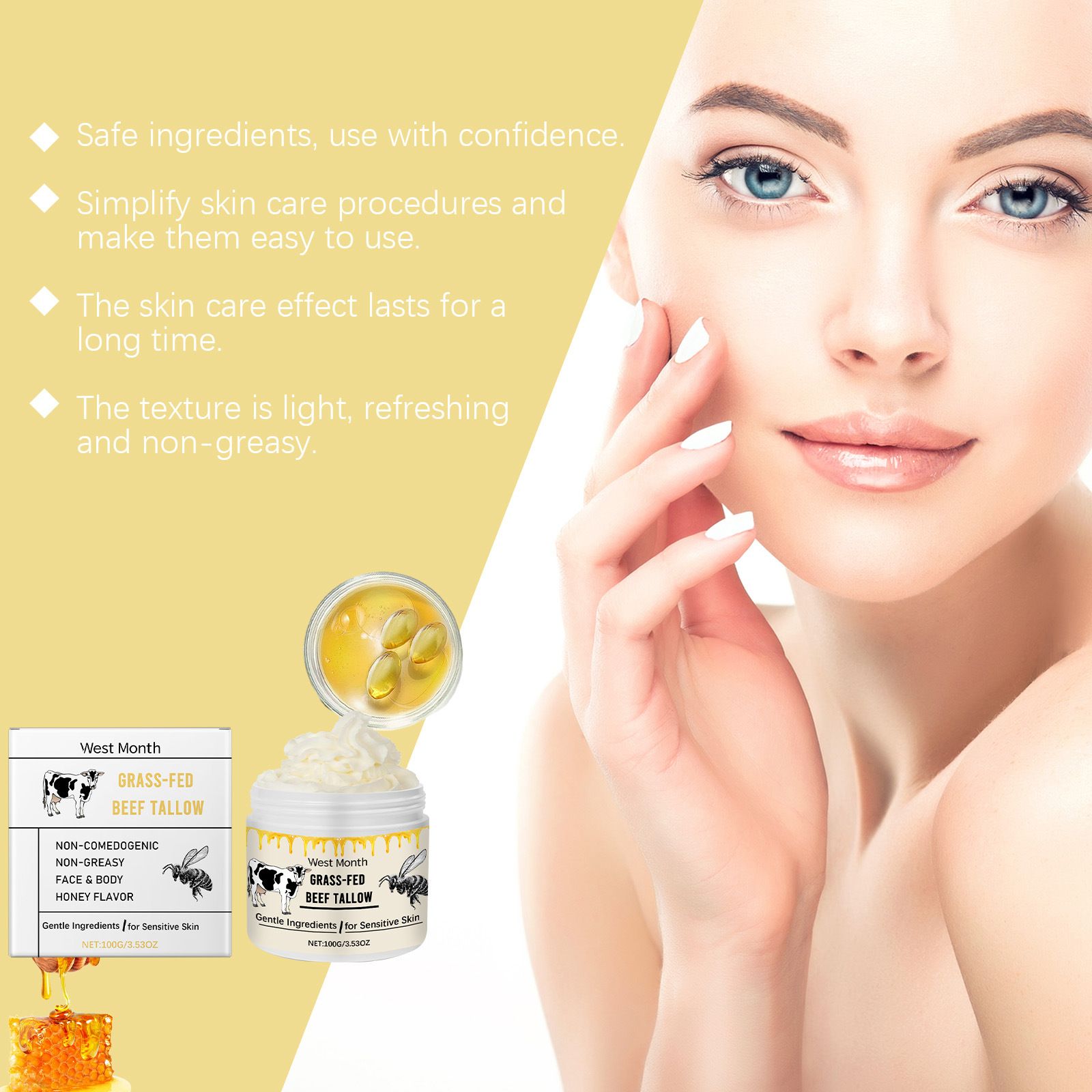 Whipped Beef Tallow for Skin Organic Grass Fed Beef Tallow and Honey Moisturizer Cream for Face Hand Body 100% Pure Natural Facial Skincare for Women Men (2 Pack)