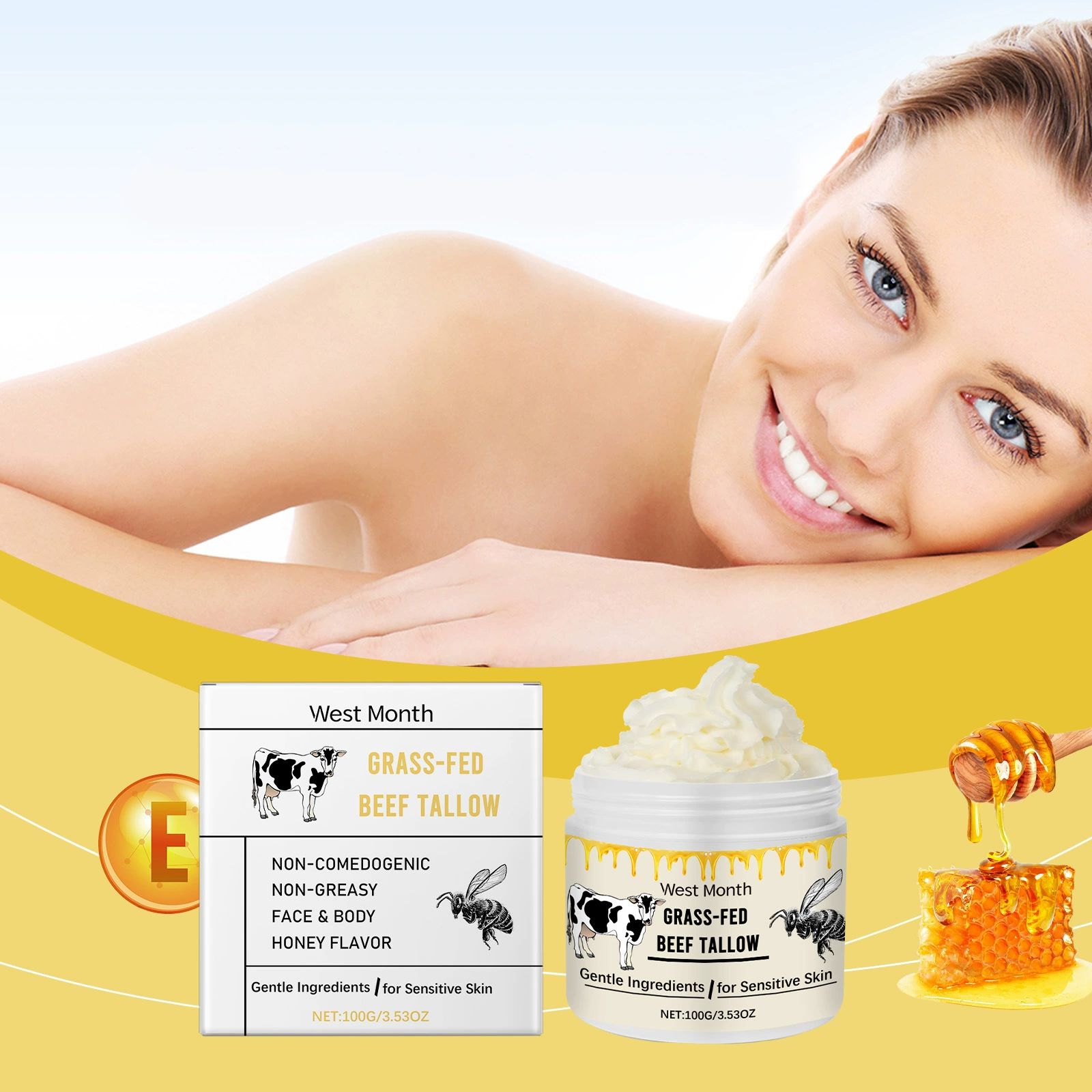 Whipped Beef Tallow for Skin Organic Grass Fed Beef Tallow and Honey Moisturizer Cream for Face Hand Body 100% Pure Natural Facial Skincare for Women Men (2 Pack)