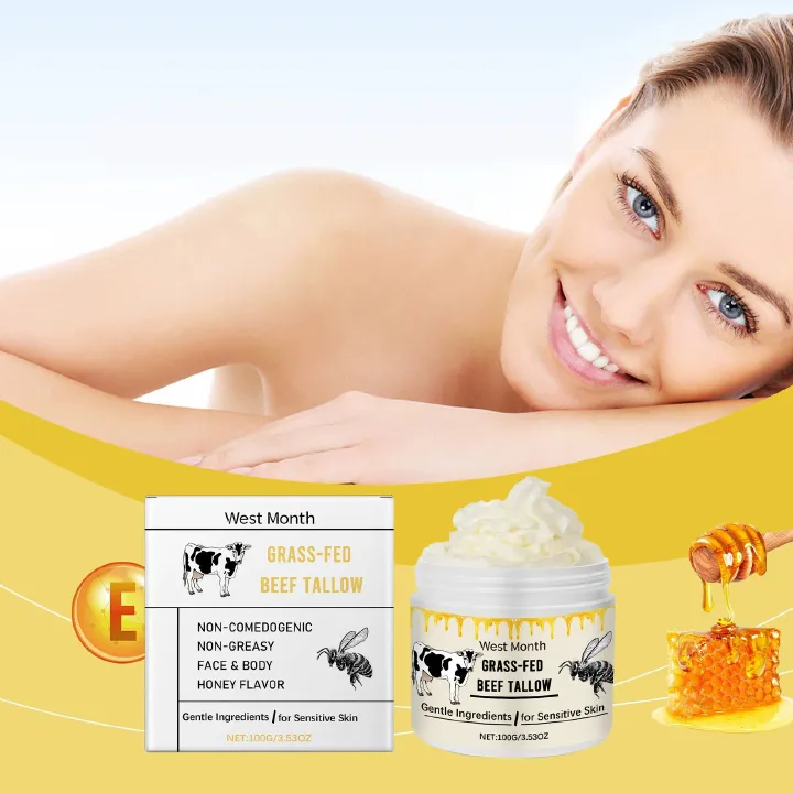 Whipped Beef Tallow for Skin Organic Grass Fed Beef Tallow and Honey Moisturizer Cream for Face Hand Body 100% Pure Natural Facial Skincare for Women Men (2 Pack)