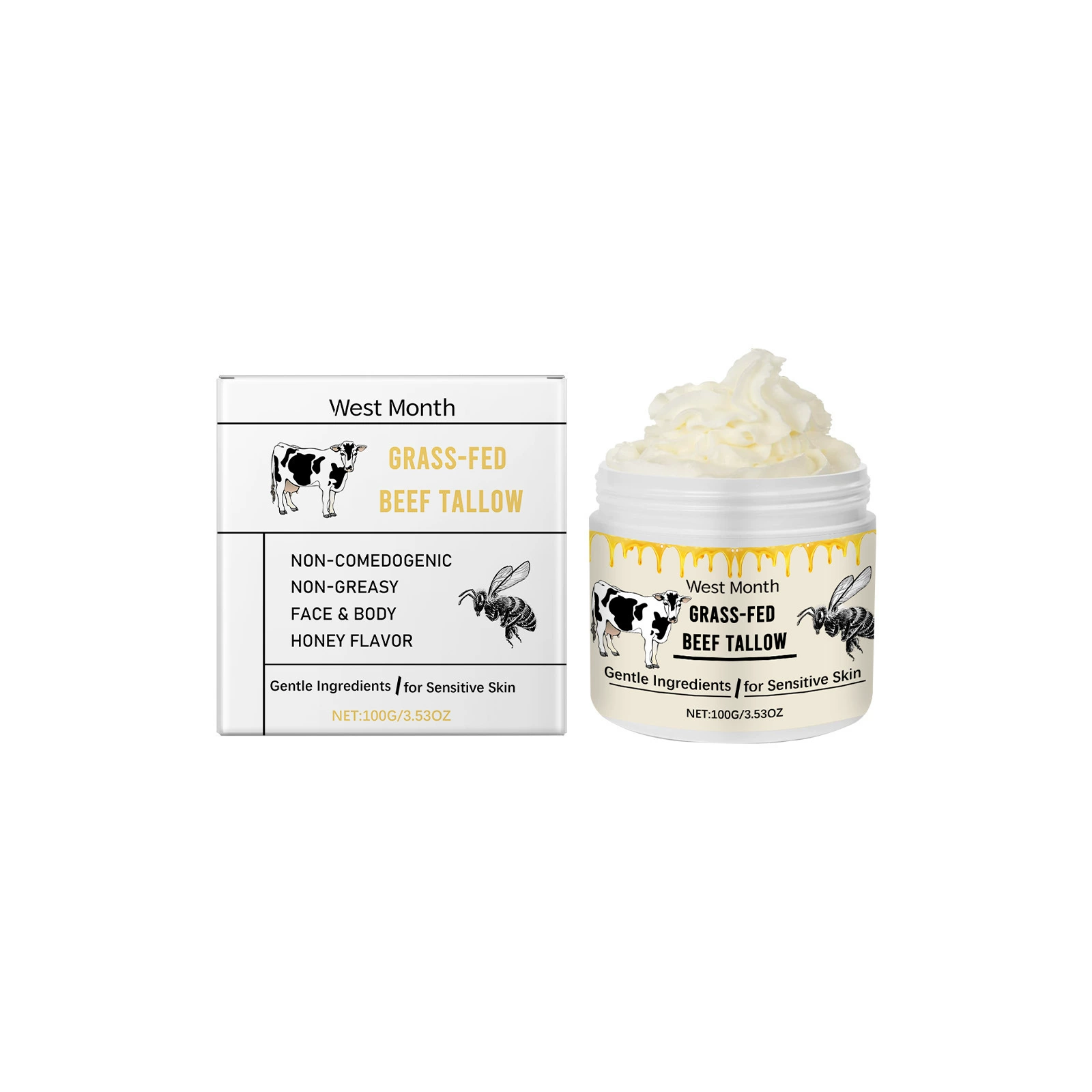 Whipped Beef Tallow for Skin Organic Grass Fed Beef Tallow and Honey Moisturizer Cream for Face Hand Body 100% Pure Natural Facial Skincare for Women Men (2 Pack)