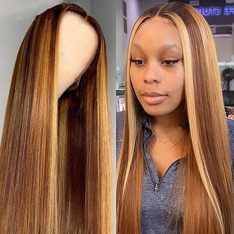 Generic Glueless Wigs Human Hair Pre Plucked Pre Cut Lace Front Wigs Human Hair Brown HD Lace Front Wigs Long Straight Hair Women Wigs Heat Resistant Fiber Wig for Daily Party Cosplay