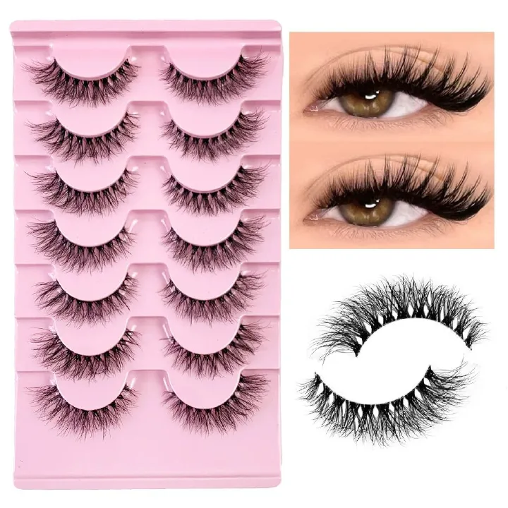 False Eyelashes with Clear Band 3D Fluffy Lashes Demi-wispies Natural Look Cat Eye Faux Mink Fluttery Eyelashes 15MM D Curl Eye Lashes Pack 7 Pairs