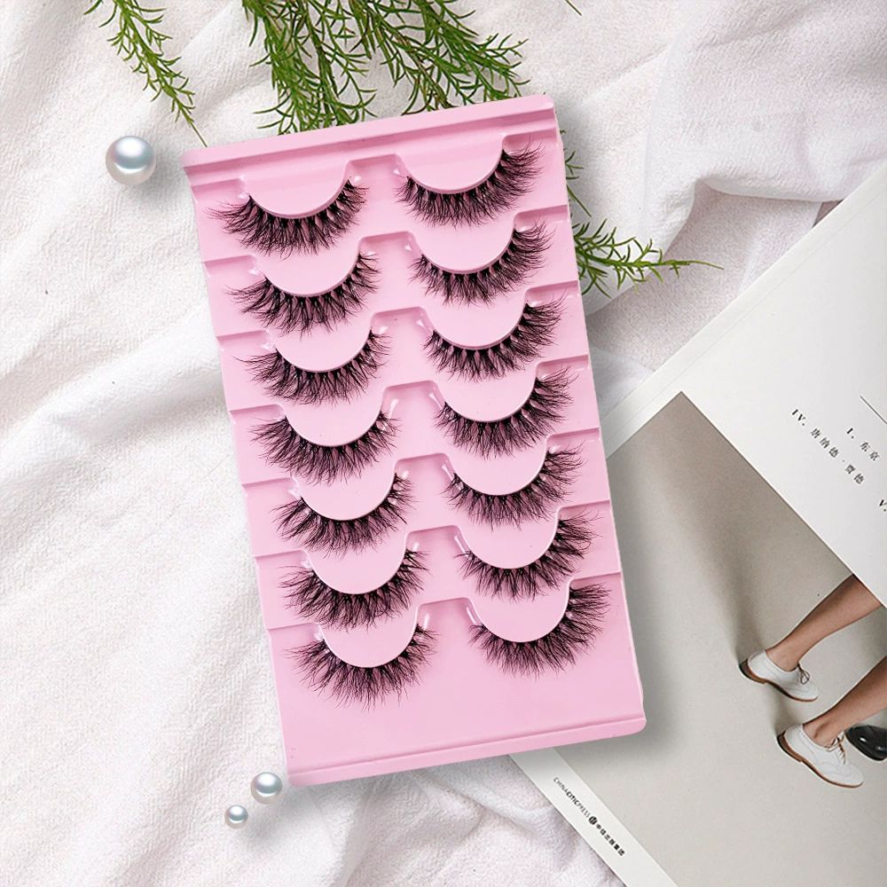 False Eyelashes with Clear Band 3D Fluffy Lashes Demi-wispies Natural Look Cat Eye Faux Mink Fluttery Eyelashes 15MM D Curl Eye Lashes Pack 7 Pairs