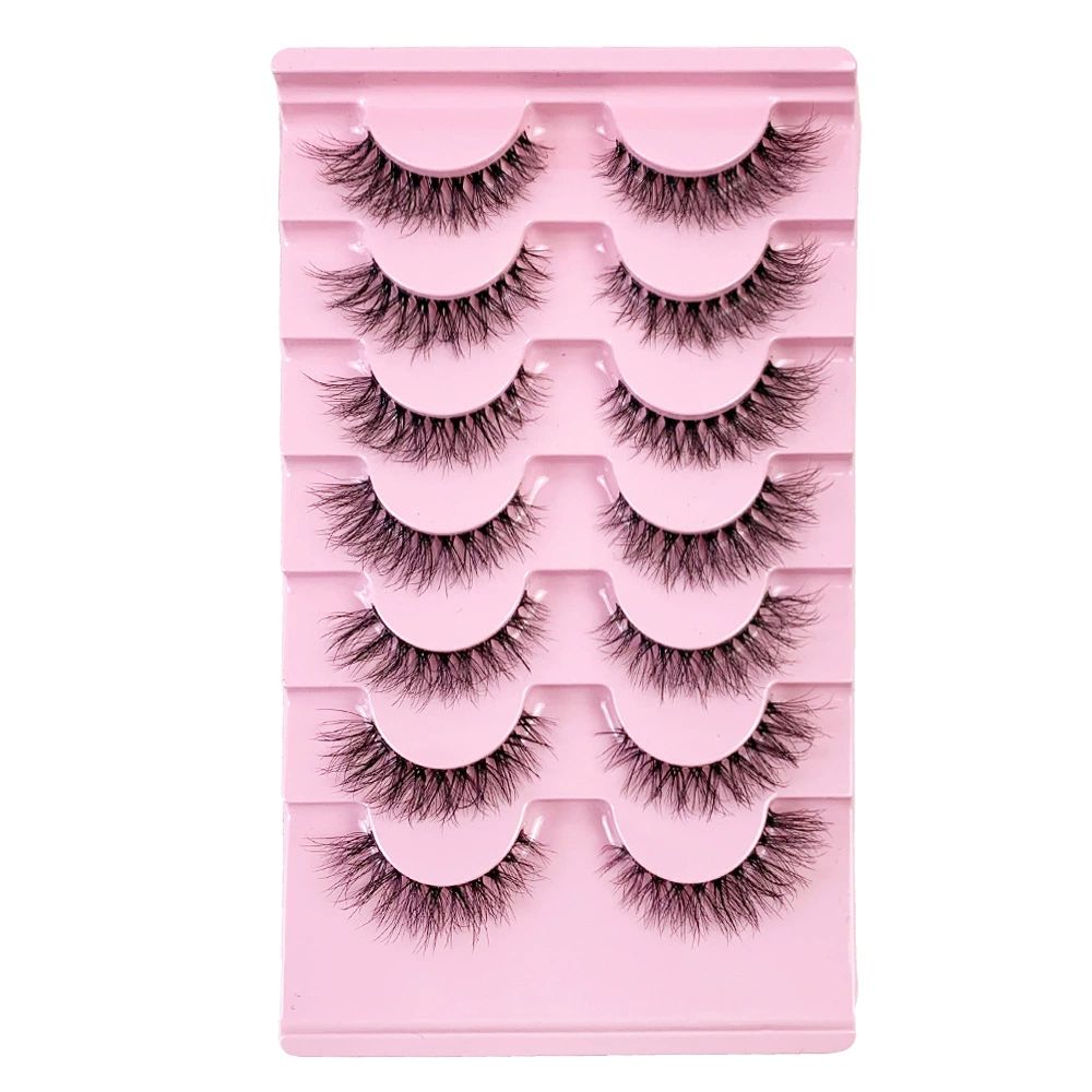 False Eyelashes with Clear Band 3D Fluffy Lashes Demi-wispies Natural Look Cat Eye Faux Mink Fluttery Eyelashes 15MM D Curl Eye Lashes Pack 7 Pairs