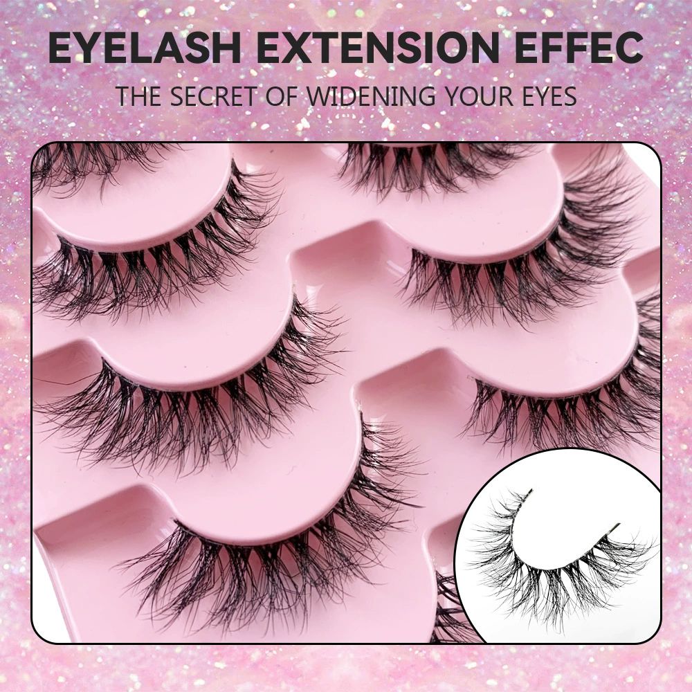 False Eyelashes with Clear Band 3D Fluffy Lashes Demi-wispies Natural Look Cat Eye Faux Mink Fluttery Eyelashes 15MM D Curl Eye Lashes Pack 7 Pairs