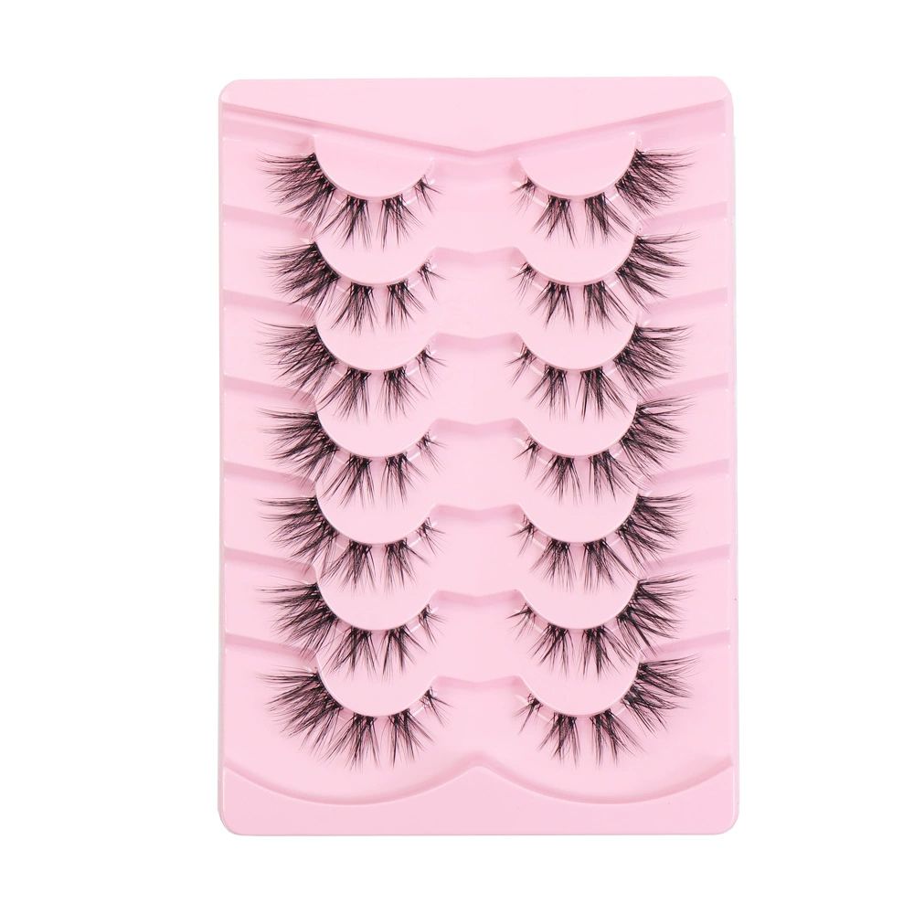 False Eyelashes with Clear Band 3D Fluffy Lashes Demi-wispies Natural Look Cat Eye Faux Mink Fluttery Eyelashes 15MM D Curl Eye Lashes Pack 7 Pairs