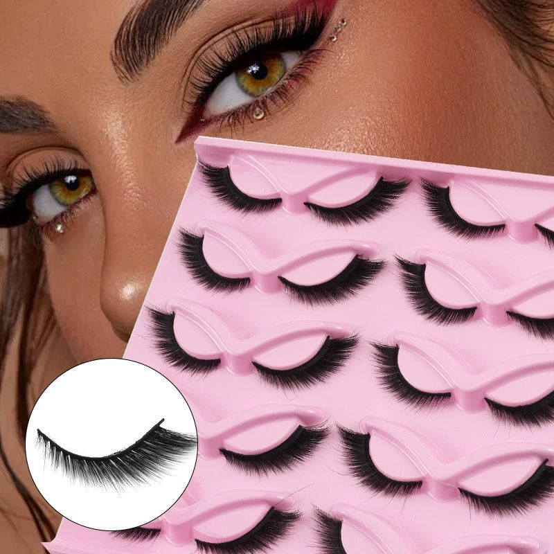 3D False Eyelashes Faux Mink Fake Lashes 10 Pairs Fluffy Flutter Cat Eye & Fox Eye Styles,18mmm DIY Long Wispy Strip Soft Band for Beauty Makeup, Natural Dramatic Look