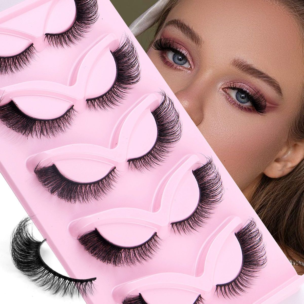 3D Mink False Eyelashes Natural Look 5 Pairs Wispy Fluffy Style Yellow Tray Cat